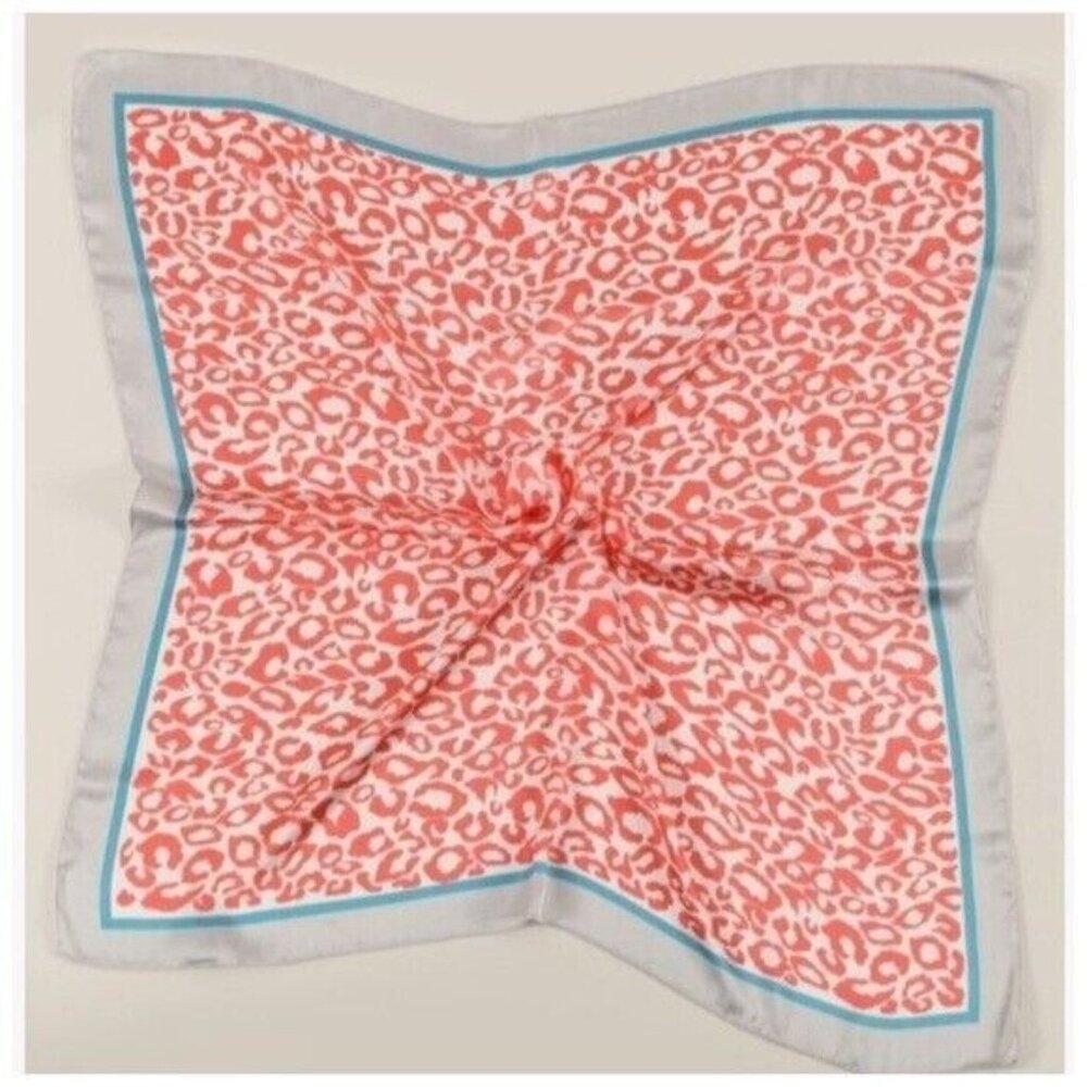 Square Scarf Hair Tie Neck Purse Accent Coral Silver Leopard Print NEW